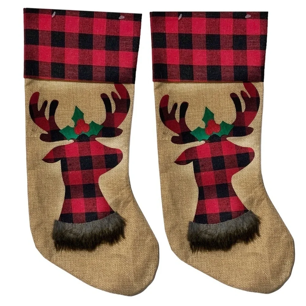 Christmas Stockings Reindeer Moose Holiday Buffalo Check Plaid 17 in 2 Piece Set
